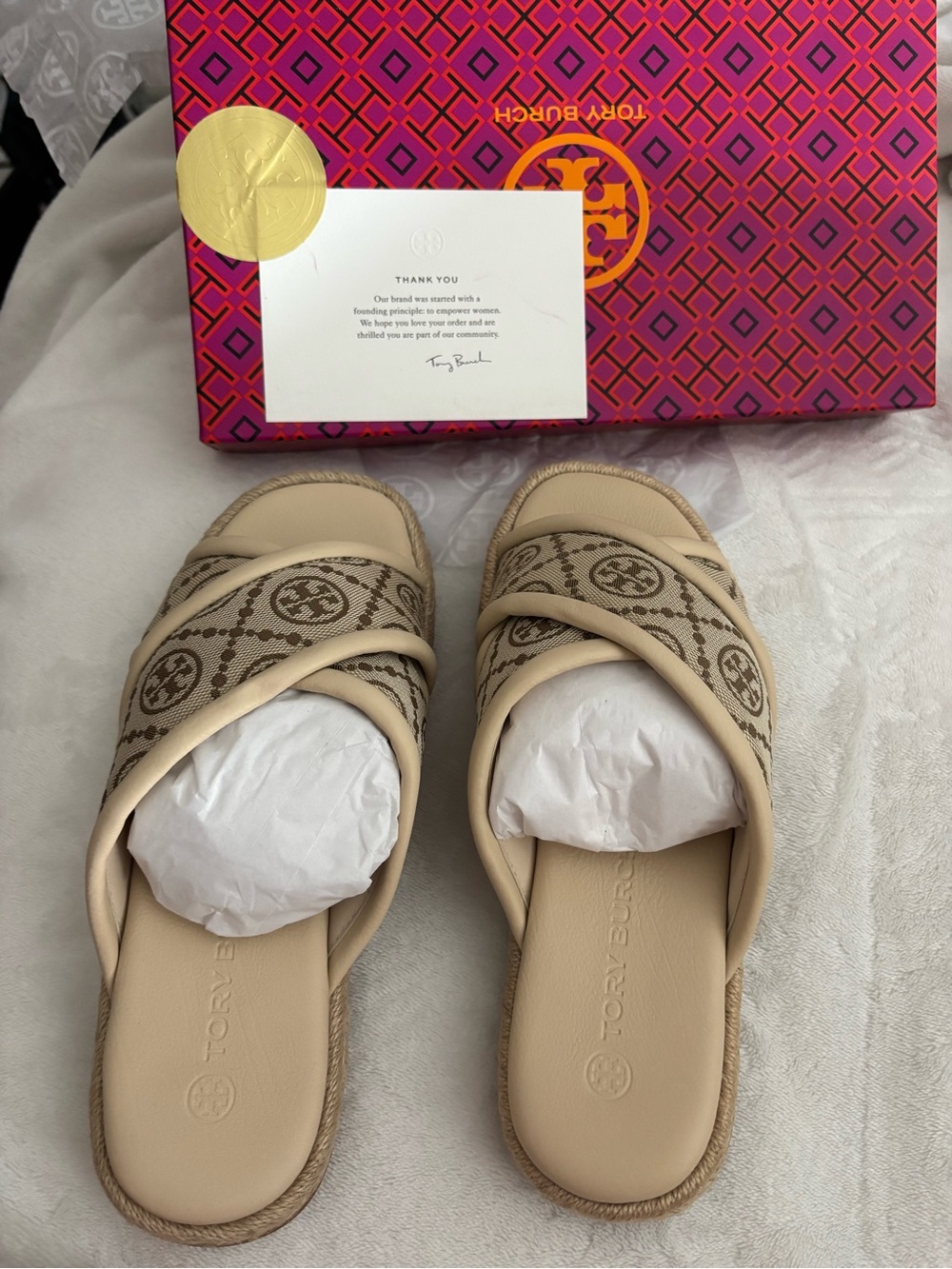 Tory Burch Beige Monogram Espadrille Slide Sandals - Picture 2 of 8